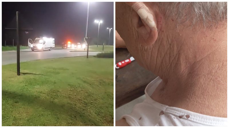 Atingido por estilhaços, idoso sofreu escoriações leves no rosto e orelha enquanto era socorrido - Imagens: Aconteceu em Bertioga / Sistema Costa Norte