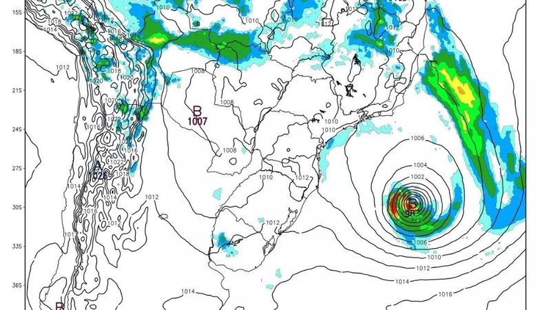 Mapa mostra provável evolução do ciclone na costa da região Sudeste; atenção para Caraguá e Ubatuba - Reprodução/MetSul