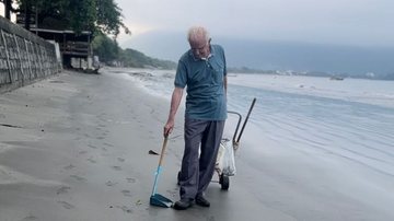 Aos 91 anos, Djalma Guimarães sai todas as tarde de casa para caminhar e fazer limpeza da praia - Estéfani Braz