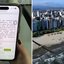 À esquerda, imagem de uma mão segurando um celular; à direita, imagem aerea da cidade de Santos