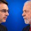 Imagem mostra uma montagem com o senador Flávio Bolsonaro (PL-RJ) à esquerda e o presidente Luiz Inácio Lula da Silva (PT) à direita