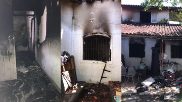 Interior e fachada da casa destruídos após incêndio Em Bertioga, mãe de três crianças encontra sua casa incendiada dias após denunciar marido Casa destruída por incêndio - Imagem: Sinara Santos
