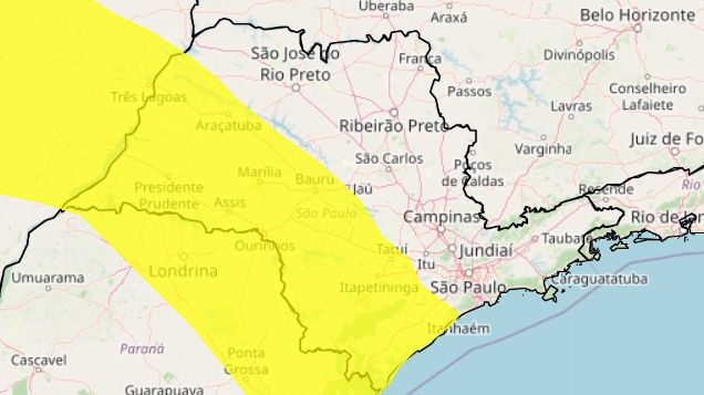 Mapa do estado de SP com indicação em amarelo de áreas com risco de tempestade