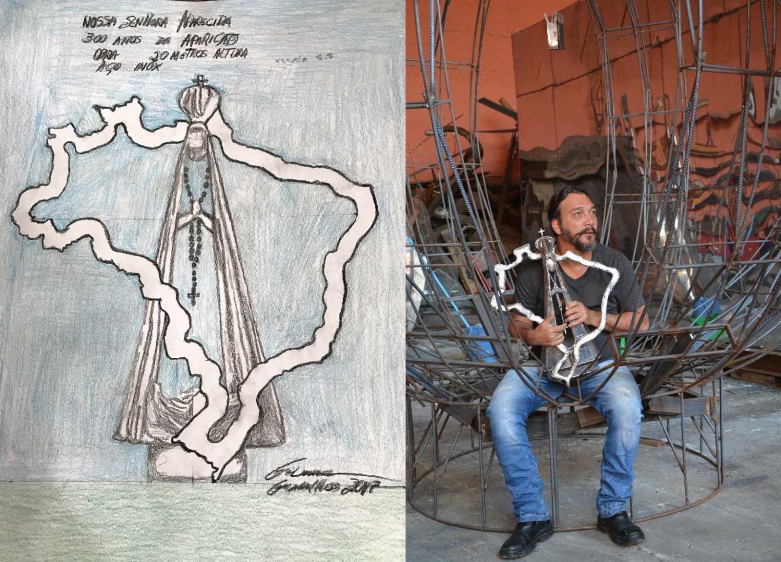 Imagem do desenho que mostra o projeto e ao lado, Gilmar Pinna sentado à frente das ferragens da escultura com a maquete em mãos